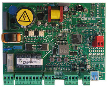 FAAC 790076 (Е145S) Плата управления для 2 моторов 230В, входы релейных фотоэлементов и BUS 2EASY, радиоразъемы XF и RP, USB В, таймер, питание от сети ~90-260В.